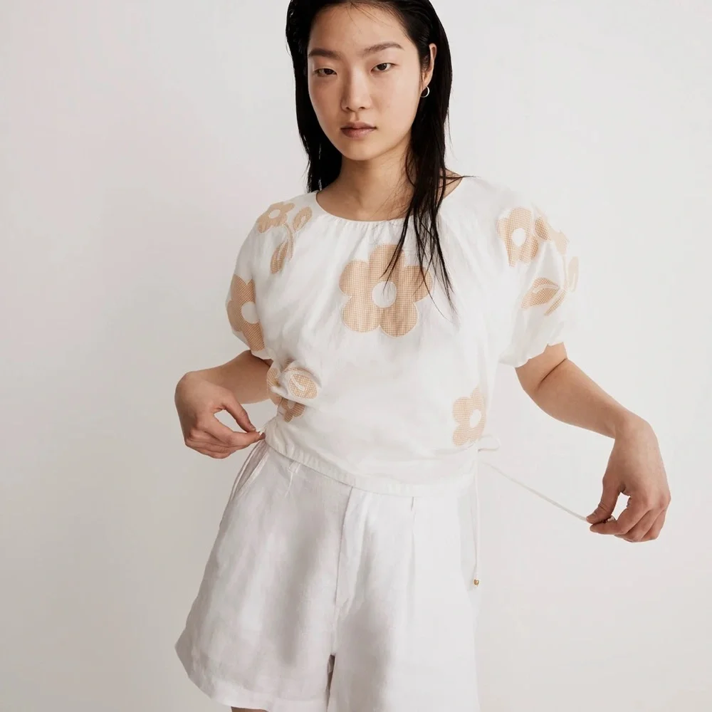 Madewell White and Yellow Crop Blouse with Puff Sleeves and Tie Front
